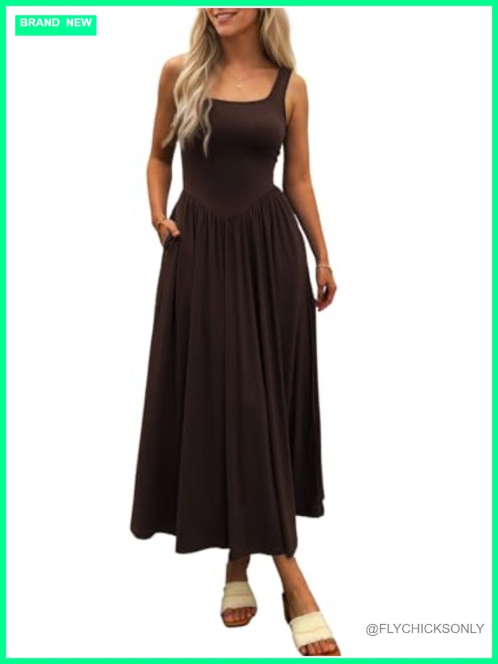 Sleeveless Square Neck Maxi Dress with Pockets Flowy Patchwork Knit A-Line